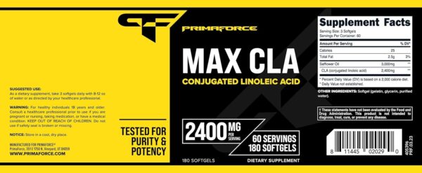 Primaforce CLA 2400 mg per Serving (180 softgels) - for Men and Women, Non-Stimulating, GMO Free & Gluten Free