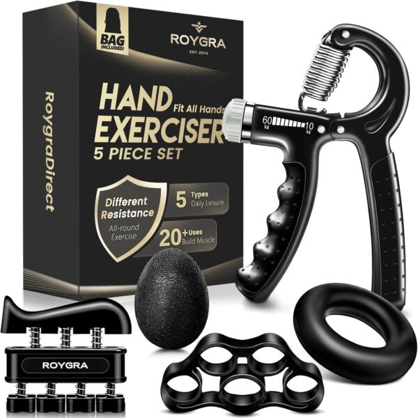 roygra Hand Grip Strengthener, Adjustable Grip Strength Trainer with 4 Exercise Tools - Set of 5