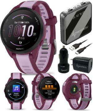 Wearable4U Garmin Forerunner 165 Music Running Smartwatch, Colorful AMOLED Touchscreen, Training Metrics and Recovery Insights Includes PowerPack +Adapters Bundle, Berry/Lilac