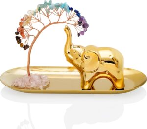 ZenBless 7 Chakra Healing Crystal Tree Ceramic Gold Elephant Decor Elephant Gifts for Women, Elephants Statues Home Decor, Yoga Meditation Zen Spiritual Room Home Shelf Decor Feng Shui Good Luck