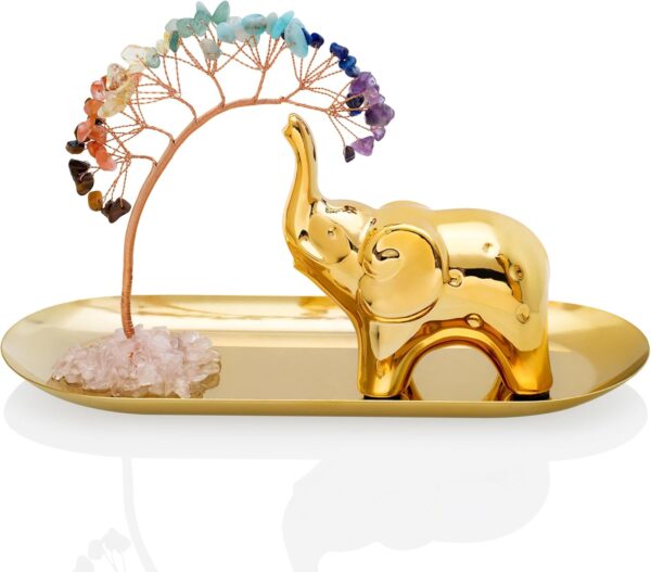 ZenBless 7 Chakra Healing Crystal Tree Ceramic Gold Elephant Decor Elephant Gifts for Women, Elephants Statues Home Decor, Yoga Meditation Zen Spiritual Room Home Shelf Decor Feng Shui Good Luck