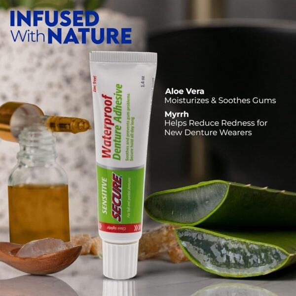 Secure Sensitive Denture Adhesive with Aloe Vera & Myrrh – 12-Hour Max Hold – Patented Waterproof Seal – for All Denture Types – Food Grade Ingredients – FSA HSA Approved – 1.4 oz