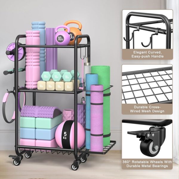 Weight Rack for Home Gym, All in One Yoga Mat Storage Rack, Workout Equipment Storage with Wheels and Hooks for Dumbbells Kettlebells Foam Rollers, Powder Coated Finish Steel