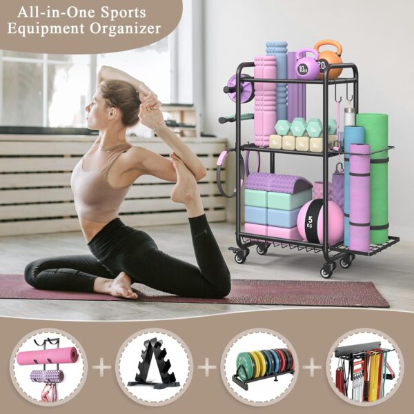 Weight Rack for Home Gym, All in One Yoga Mat Storage Rack, Workout Equipment Storage with Wheels and Hooks for Dumbbells Kettlebells Foam Rollers, Powder Coated Finish Steel