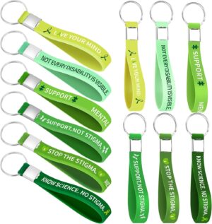 60 Pcs Mental Health Awareness Silicone KeyChain Green Awareness Ribbon KeyChain Rubber Green Awareness KeyRings for Cerebral Palsy, Glaucoma, Liver Cancer, and Organ Donation for Men Women