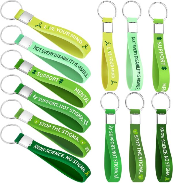 60 Pcs Mental Health Awareness Silicone KeyChain Green Awareness Ribbon KeyChain Rubber Green Awareness KeyRings for Cerebral Palsy, Glaucoma, Liver Cancer, and Organ Donation for Men Women