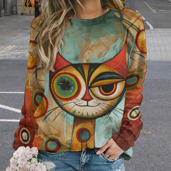 ZOCAVIA Women's Y2K Art Cat Sweatshirts Fall Abstract Cat Graphic Pullover Tops Long Sleeve Oil Painting Cat Printed T Shirts