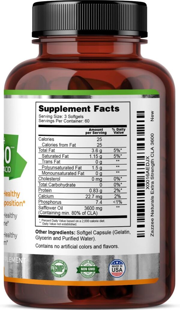 Zazzee High Potency CLA 3600, 180 Softgels, 3600 mg per Serving, Conjugated Linoleic Acid from Safflower Oil, Concentrated and Standardized, 60 Day Supply, Non-GMO and Made in The USA
