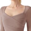 LASLULU Womens Mesh Long Sleeve Workout Tops Sexy Sweetheart Neck Double Lined Athletic Yoga Gym Tops with Built in Bra