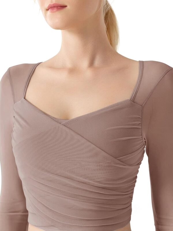 LASLULU Womens Mesh Long Sleeve Workout Tops Sexy Sweetheart Neck Double Lined Athletic Yoga Gym Tops with Built in Bra