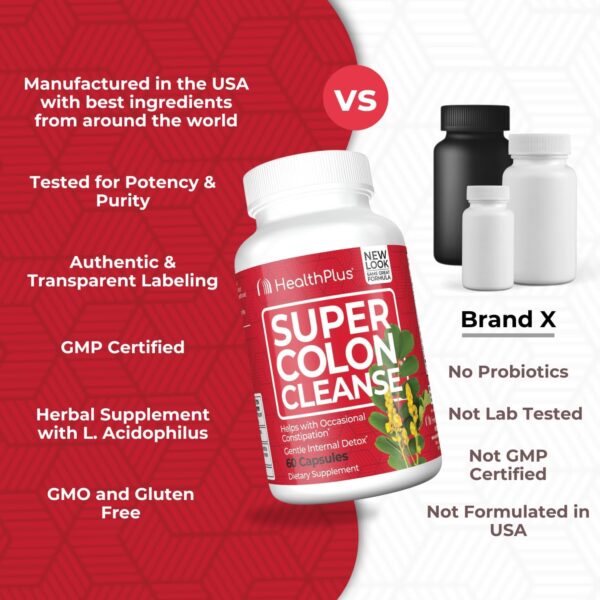 Health Plus Super Colon Cleanse 15 Day Supply of Gentle Gut Cleanse Detox, Psyllium Husk, Probiotics for Constipation Relief & Digestive Support, 60 Capsules