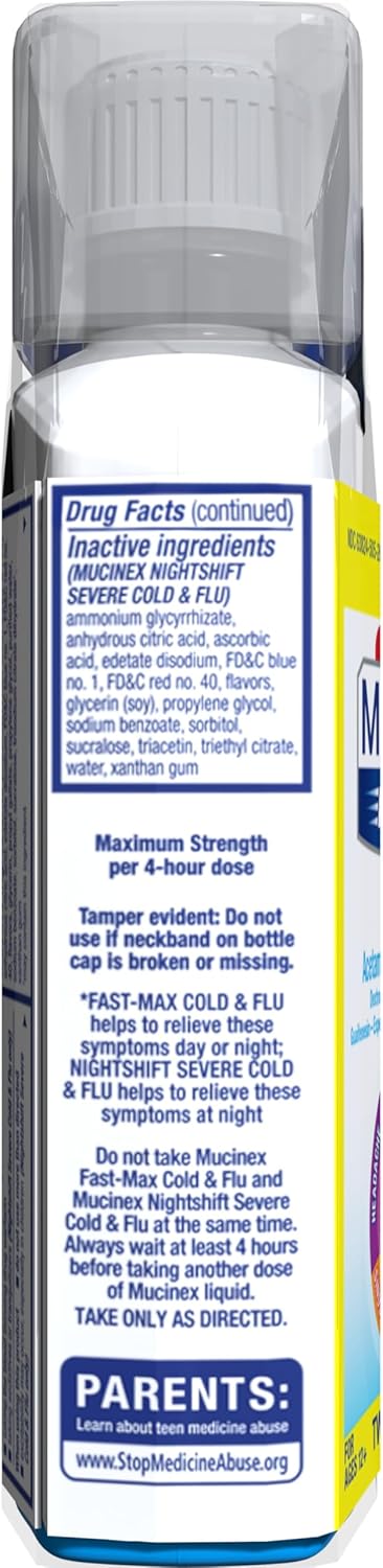 Mucinex Fast-Max Cold and Flu & Nightshift Severe Cold and Flu Medicine for Adults, Over-the-Counter Medication Combo Pack for Sore Throat Relief, Decongestant, Cough & Cold Medicines, 2 x 6 Fl Oz