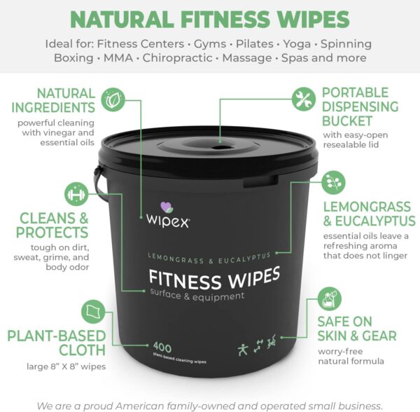 Wipex Gym Wipes Fitness Equipment Wipes, Plant-Based Cloth - Lemongrass, Eucalyptus and Vinegar Wipes to Clean Surfaces, Safe Yoga Mat Cleaner Wipes, All Purpose Gym Cleaner, 400 Count