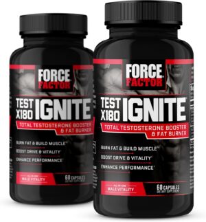 FORCE FACTOR Test X180 Ignite, Testosterone Booster & Fat Burner for Men, Testosterone Supplement to Burn Fat, Build Muscle, Increase Energy, and Boost Vitality and Performance, 60 Count (Pack of 2)