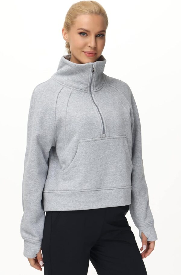 THE GYM PEOPLE Womens' Half Zip Pullover Fleece Stand Collar Crop Sweatshirt with Pockets Thumb Hole