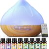 Aroma Diffiser with Essential Oils Set, 500 ML Essential Oil Diffuser with Remote Control, Humidifier with 14 Color Lights for Large Room, 4 Timer Setting, Auto Shut-Off