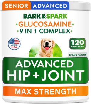 Bark&Spark Senior Advanced Glucosamine Chondroitin for Dogs - Hip Joint Pain Relief Pills - Old Dog Joint Supplement Large & Small Breed - Hip Joint Chews Joint Health Care Vitamin Treats - 120Ct