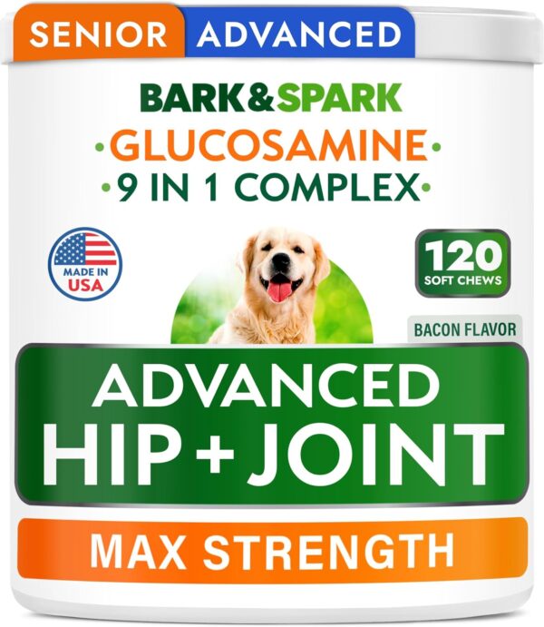 Bark&Spark Senior Advanced Glucosamine Chondroitin for Dogs - Hip Joint Pain Relief Pills - Old Dog Joint Supplement Large & Small Breed - Hip Joint Chews Joint Health Care Vitamin Treats - 120Ct