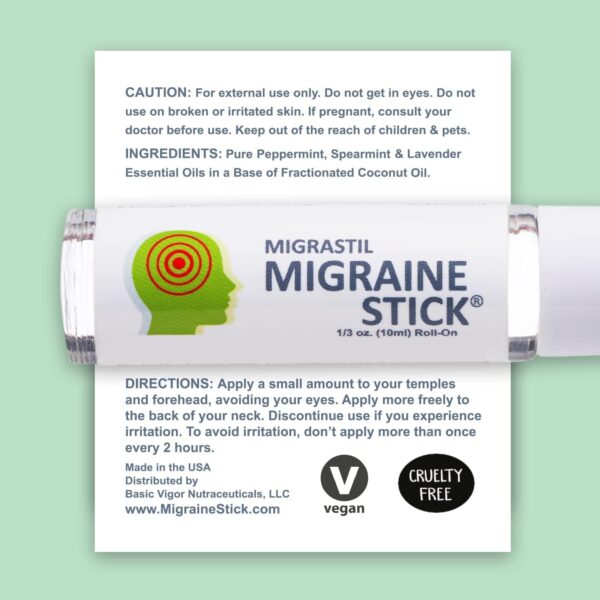 Migrastil Migraine Stick Rollon - Fast Cooling Comfort for Your Head. Aromatherapy with Peppermint & Other Essential Oils. Metal Roller. Made in USA by Basic Vigor