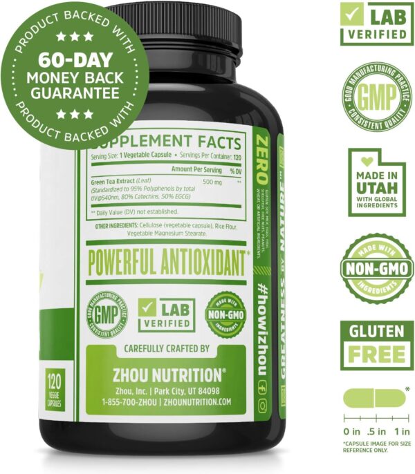 Zhou Green Tea Extract Capsules with EGCG, Natural Energy, Mental Focus, Immune Health, Antioxidant and Heart Support, Non-GMO, Vegan, Gluten Free, 120 Capsules
