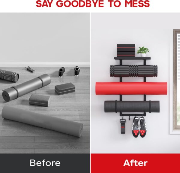 Yoga Mat Holder Wall Mount, Yoga Accessory Mat Storage Rack, Home Gym Accessories Organizer, Floating Shelf and Hooks for Hanging Foam Roller/Band/Workout Equipment at Pilates Fitness Class