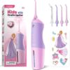 COSLUS Kids Water Dental Flosser Deep Cleaning Picks Portable 4 Modes for Ages 6+ Safe Waterproof Rechargeable with 4 Jet Tips for Gums Care Pink Purple