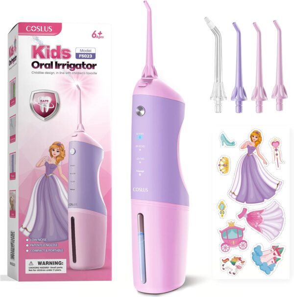 COSLUS Kids Water Dental Flosser Deep Cleaning Picks Portable 4 Modes for Ages 6+ Safe Waterproof Rechargeable with 4 Jet Tips for Gums Care Pink Purple