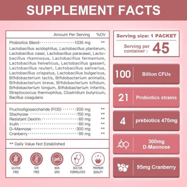NATURE TARGET Probiotics-for-Women Prebiotics-and-Probiotics-Powder, 100-Billion-CFUs 45-Day-Supply, Women's-Probiotic with D-Mannose and Cranberry for Urinary Tract/Gut/Digestive Health