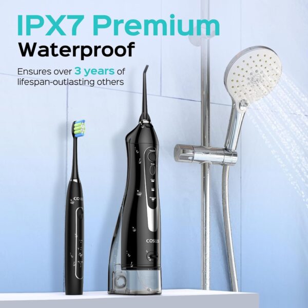 COSLUS Water Flosser & Electric Toothbrush Combo: 300ML, Portable, Cordless, Waterproof, Black, Teeth Cleaning, Deep & Daily Use - Water Dental Pick Oral Care Combo