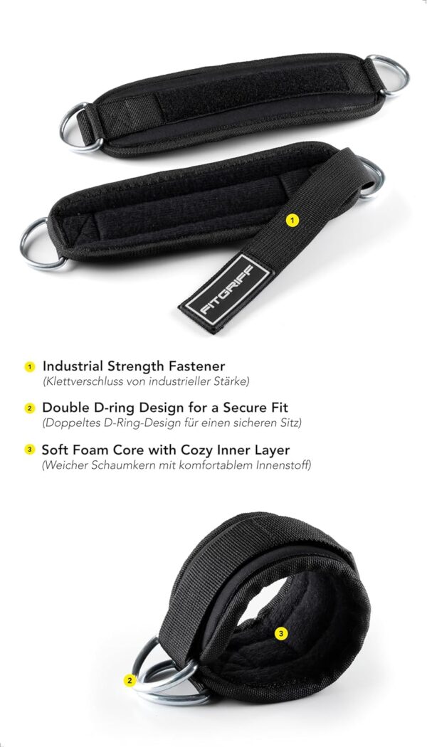 Fitgriff® Ankle Straps V3 for Cable Machine (2 Pieces) - Gym Workout Equipment - Leg Pulley Attachment, Kickback Straps
