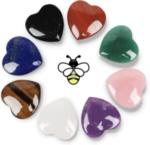 NatureWonders 8 Crystal Hearts 1.4" (Booklet, Pouch, Gift Box) Chakra Stone, Healing Crystal, Palm Thumb Stone, Powerful & Popular, All Natural, Finished with Beeswax, Meditation, Energy Healing Reiki