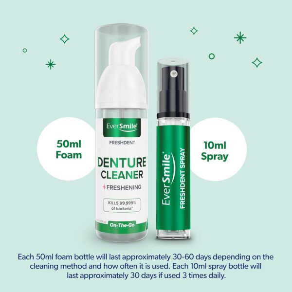 71wgHHYw0gL._SL1500_.jpg EverSmile FreshDent Denture and Partial Denture Cleaner + Teeth Whitening Spray – Travel Size Alternative to Cleaning Tablets That Eliminates Bacteria and Fights Bad Breath – 50ml + 10ml Pack