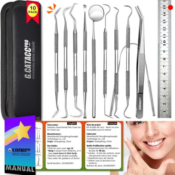 G.CATACC 10 Pack Dental Tools, Professional Plaque Remover for Teeth Cleaning Tools Set, Stainless Steel Hygiene Kit with Dental Picks Tooth Scraper Plaque Tartar Remover Tongue Cleaner - with Case