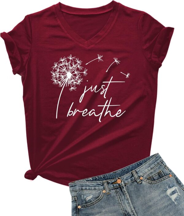 DANVOUY Just Breathe Dandelion T-Shirt for Women Funny Cute V-Neck Shirt Tops