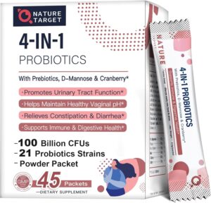 NATURE TARGET Probiotics-for-Women Prebiotics-and-Probiotics-Powder, 100-Billion-CFUs 45-Day-Supply, Women's-Probiotic with D-Mannose and Cranberry for Urinary Tract/Gut/Digestive Health