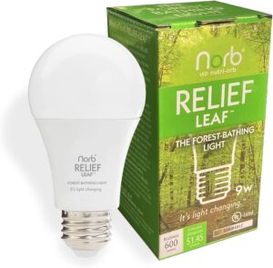 NorbRELIEF Leaf - Soft Green Forest Bathing LED Light Bulb for Meditation, Relaxation, Migraine, Pain Relief and Calm - A19 Standard Base - Patent Pending Non-Drug Pain Relief. Green Light Therapy.