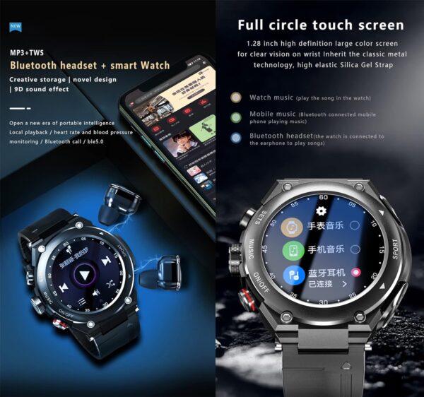 T92 Smart Watch with Earbuds MP3 Bluetooth Headset 3 in 1 1.28 Inch Smartwatch Built-in Wireless Earbuds Speaker Round Fitness Tracker Music Player Health Monitor (Silver)