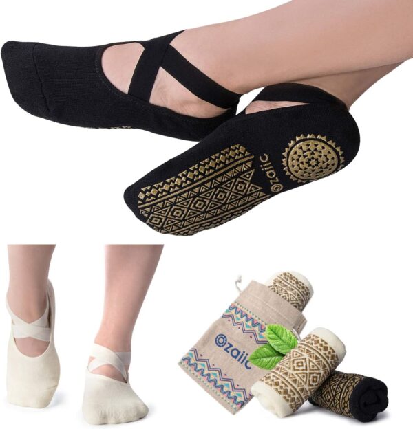 Ozaiic Yoga Socks for Women Non-Slip Grips & Straps, Ideal for Pilates, Pure Barre, Ballet, Dance, Barefoot Workout