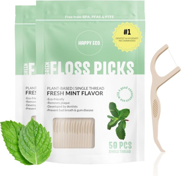 Biodegradable Floss Picks (100pcs) - Natural, Vegan, Sustainable, Reusable Dental Floss - Shred Resistant and Nontoxic Plant-Based Material Dental Floss Picks