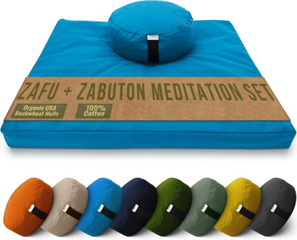 Bean Products Meditation Cushion Set - Zafu and Zabuton Meditation Pillows for Sitting on Floor, Yoga Cushion, Cotton Yoga Pillow, Zen Kneeling Prayer Pad- Made in USA - Round, Aqua