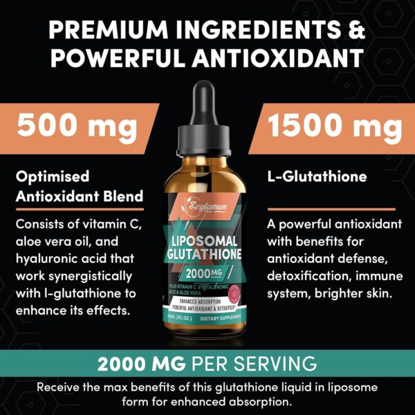 2000MG Liposomal Glutathione Liquid Drops, Enhanced Absorption, Glutathione Supplement, with Vitamin C, Hyaluronic Acid, L-Glutathione, Non-GMO Antioxidant for Liver Detox, 8.08 OZ