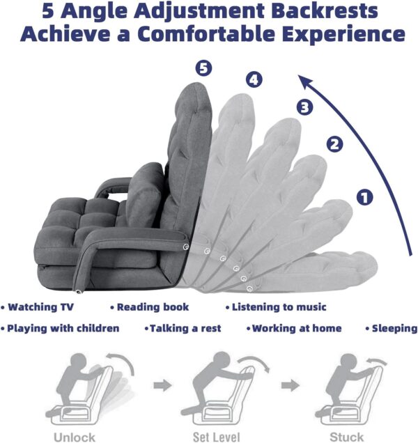 STHOUYN Comfy Floor Chair Bedroom 2 USB Charging Ports, 5-Position Couch Gaming Lounge Chairs Adults, Indoor Folding Lazy Sofa Meditation Arm Dorm Chair Living Room (Grey)