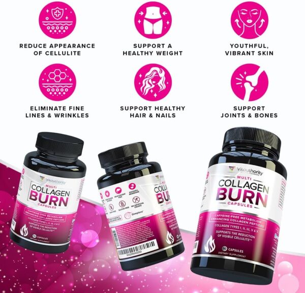 Multi Collagen Burn: Multi-Type Hydrolyzed Protein Peptides with Hyaluronic Acid, Vitamin C, SOD B Dimpless, Types I, II, III, V and X, Caffeine-Free (Unflavored Capsules)