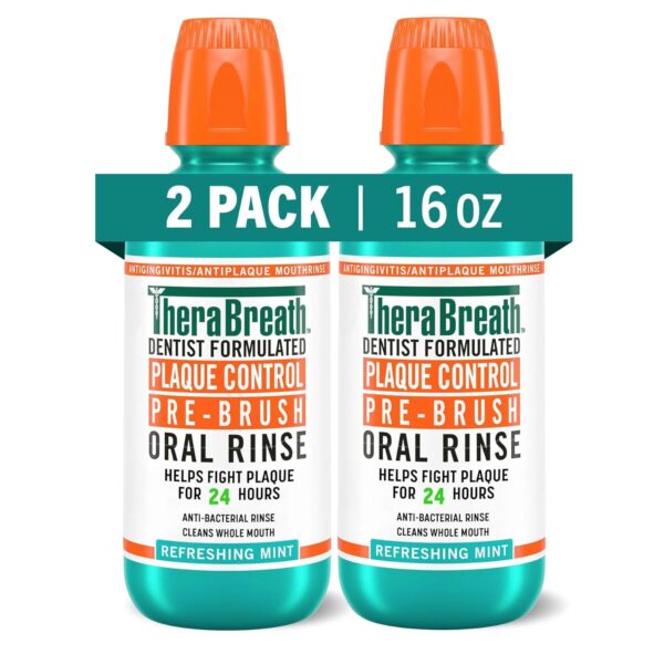TheraBreath Plaque Control Pre-Brush Oral Rinse, Refreshing Mint Flavor, Antigingivitis and Antiplaque Rinse, Dentist Formulated, Alcohol Free, 16 Fl Oz (Pack of 2)