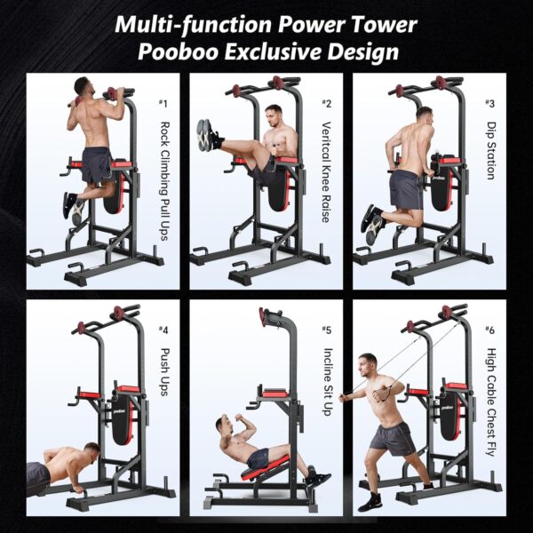 Pooboo Power Tower Dip Station, Pull Up Bar Stand for Fitness Home Gym Workout, Pull Up Dip Station, Multi-Function Power Tower Pull Up Bar,Adjustable Strength Training Fitness Equipment