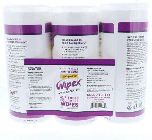 Wipex The Original Natural Fitness Equipment Wipes for Personal Use, Lavender and Vinegar, 3 Canisters of 186 Wipes