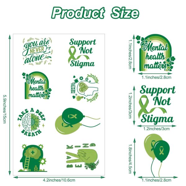 Mental Health Awareness Items Temporary Tattoos - 24 Sheet Green Support Encouragement Self-Motivation Tattoo Stickers, Ideal for Therapists Parents Educators to Spread Positive Vibes