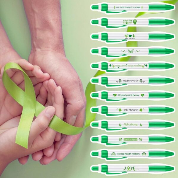 Ctosree Mental Health Awareness Pens Gifts Bulk 12 Style Green Ribbon Retractable Gel Pens Black Ink Mental Health Awareness Accessories Favors Items for Office Charity Stuffers(120 Pcs)