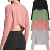 Real Essentials 4 Pack: Women's Dry-Fit Long Sleeve Petal Back Crop Top - Athletic Cropped Tee (Available in Plus Size)