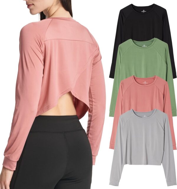 Real Essentials 4 Pack: Women's Dry-Fit Long Sleeve Petal Back Crop Top - Athletic Cropped Tee (Available in Plus Size)